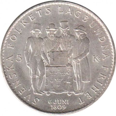 5 Kr. Sverige.  Grunnloven 1809. Minnemynt sølv 1959.