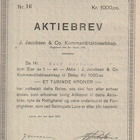 AKSJEBREV - LARVIK - J.JACOBSEN &  CO KOMMANDITAKTIESELSKAP-  1916