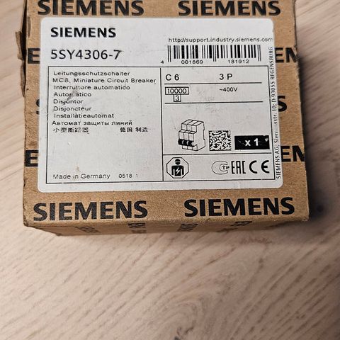Siemens Automatsikring, 5SY4306-7, 6A, Poler=3