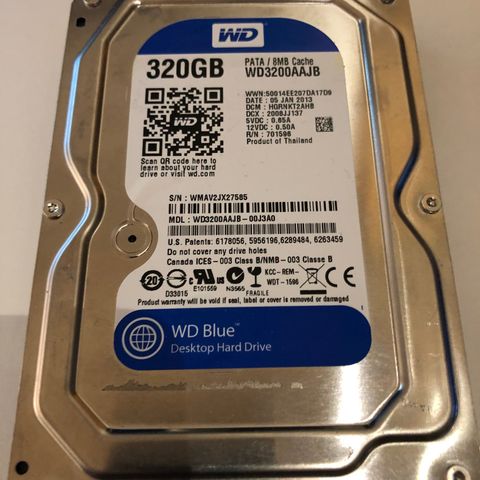 320 GB PATA IDE Western Digital Harddisk.  Ikke SATA