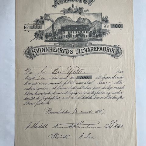 Aksjebrev Kvinnherreds Uldvarefabrikk 1897