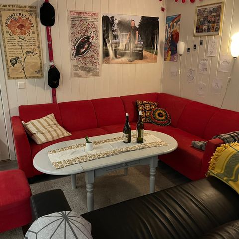 Sofa, stuebord og gulvteppe