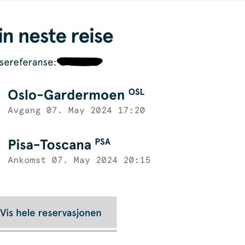 2 Flybilletter Oslo Gardermoen - Pisa Italia 7. mai 2024 kl 17:20