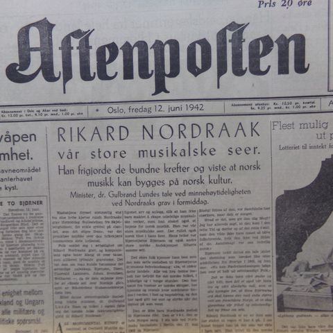 "Aftenposten" - 100 år siden Rikard Nordraak ble født - 3 aviser fra 1942