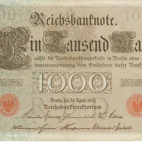Tysk 1000 mark seddel fra 1910, rødt segl