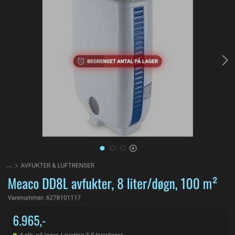 Meaco DD8L avfukter, 8 liter/døgn, 100 m²