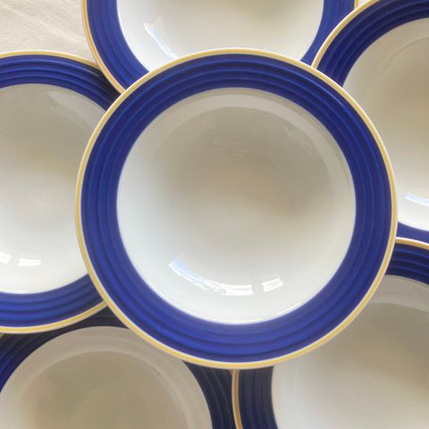 Porsgrund porselen dype tallerkener Saturn blå og gul kant