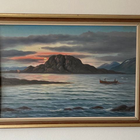 Torghatten, Nordland, malt av kunstmaler J Hølleland. 83 x 58 cm. GI BUD!