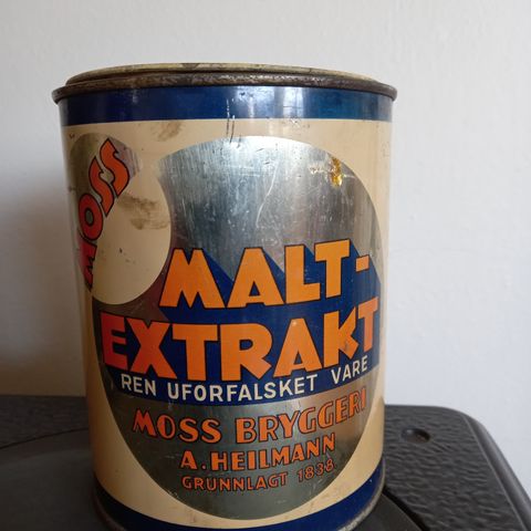 Moss maltextrakt boks, ant. fra 30/40-tallet selges!