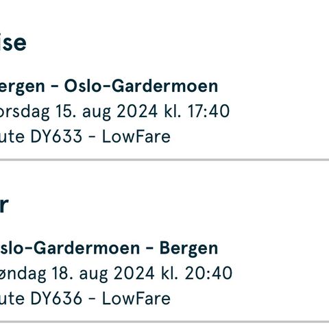 Flybillett tur/retur Bergen/Oslo (SPANDERER NAVNEENDRING)