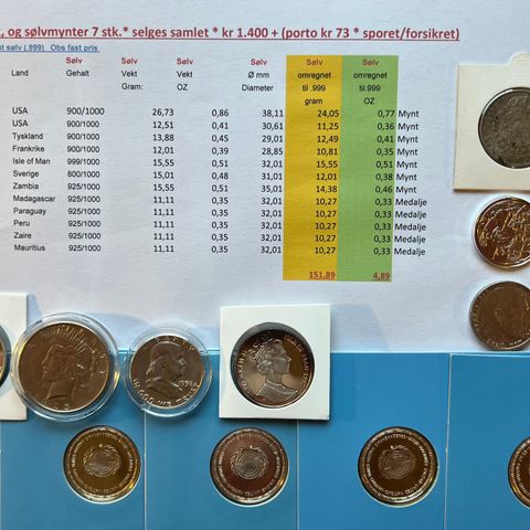 Sølv medaljer og Sølv mynter * selges samlet * kr 1.400 (+ porto kr 73 )