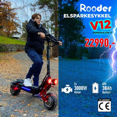 Rooder V12 - G3 El Sparkesykkel/ El scooter- 60V38AH- 2x3000 W - Nærbø