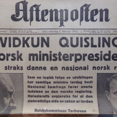 "Aftenposten" 2. & 3. februar 1942 - Quisling blir "ministerpresident"