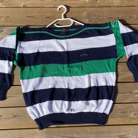 Paul and Shark vintage genser stripete blå, hvit og grønn brodert logo