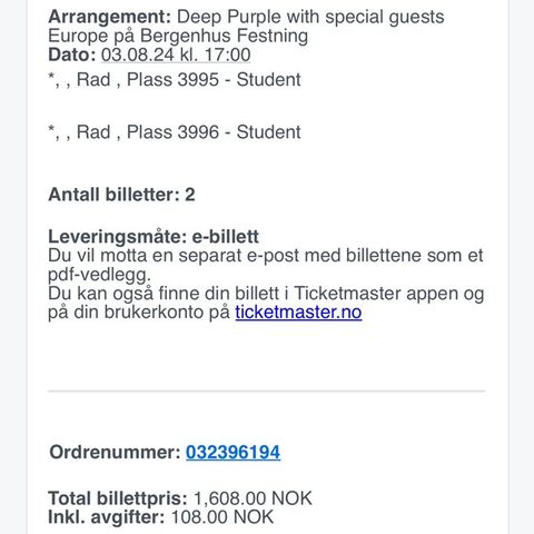 Deep puple og Europe 2 stk konsertbilletter 3 August