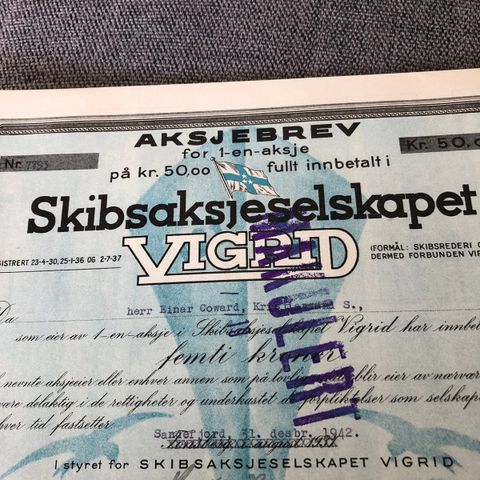 Skipsreder Anders Jahre (1891-1982); signert aksjebrev