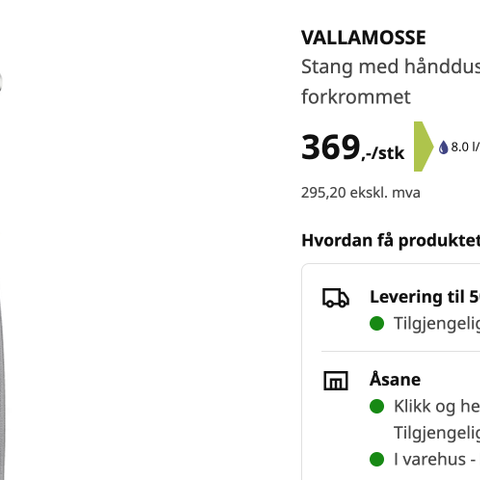 Ikea Vallamosse Dusjhode m/ slange, Nytt