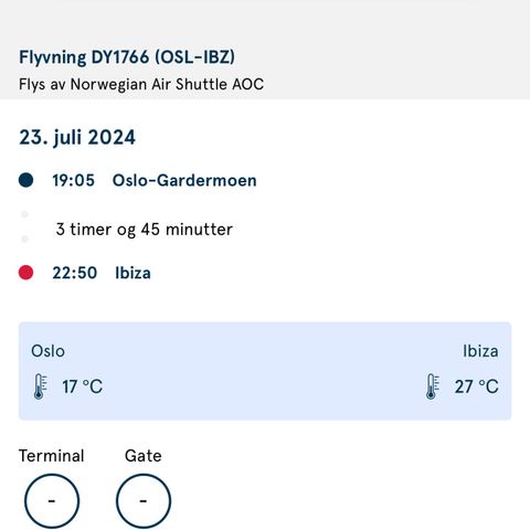 Flybilletter tur/retur Oslo-Ibiza 23-30.Juli