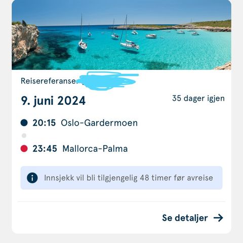 Flybillett til Mallorca OSL->PALMA 9. juni og PALMA->OSL 14. juni