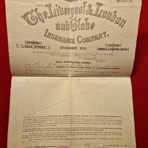 The Liverpool & London & Globe Forsikringspolise fra 1905 selges kr 400