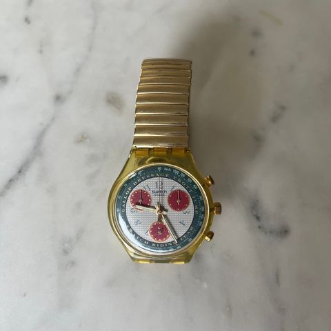 Swatch klokke m chronograf fra ca 1995 m/ elastisk metallreim.