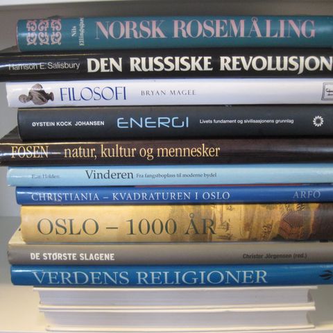 10 bøker diverse tema. Rabatt : 1/2 pris på bok nr. 2, 3 osv. Se bokomtaler.