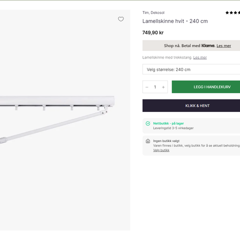 Ubrukt lamellskinne hvit - 240 cm