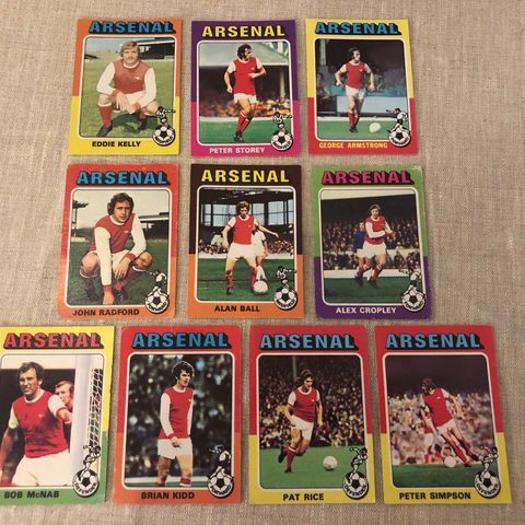 Arsenal - komplett sett 10 stk Topps 1975 fotballkort