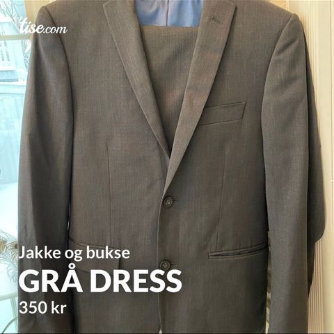 grå dress, slim fit, bukse w28L32, jakke 44