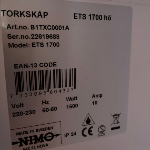 Nimo Ets 1700 tørkeskap