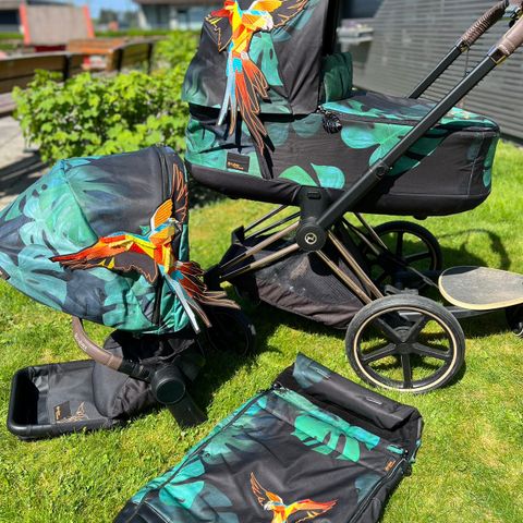 Cybex Priam Birds of Paradise bassinet,Barnevognpak med rosa gullramme og fottøy