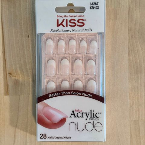 Uåpnet pakke med Kiss Salon Acrylic French Nude-løsnegler (28 pk)