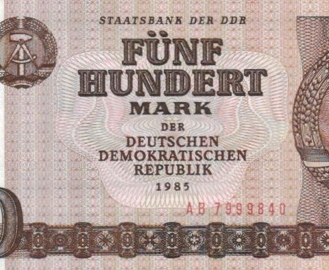 Strøken 500 Mark seddel DDR fra 1985 UNC (0533)
