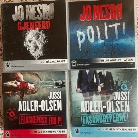 4 lydbøker CD for 100 kr.   Jo Nesbø & Jussi Adler-Olsen, kr. 100,-