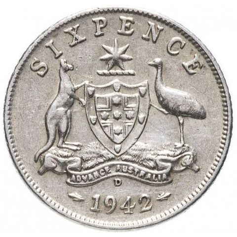 SIXPENCE Australia Krigsmynt, sølvmynt, 1942 - 925S.