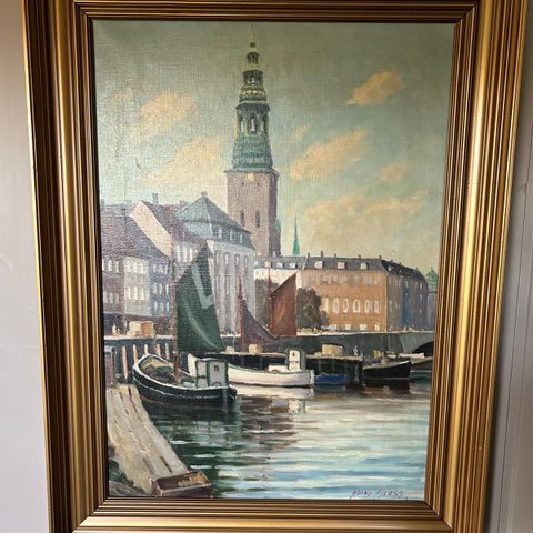 Dansk motiv fra København med fiskebåter til kaien, signert Einar Gross