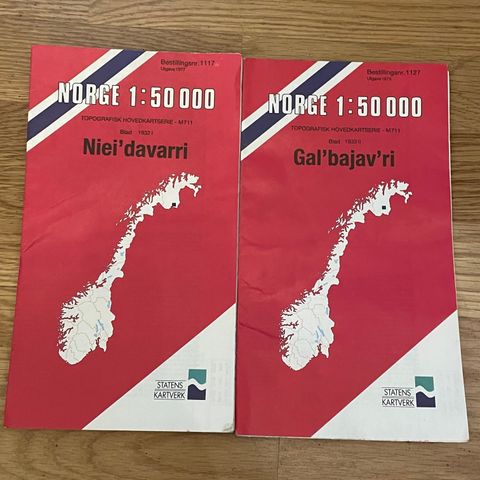 2 stk kart Niei`davarri og Gal`bajav`ri. Nord -Norge selges samlet