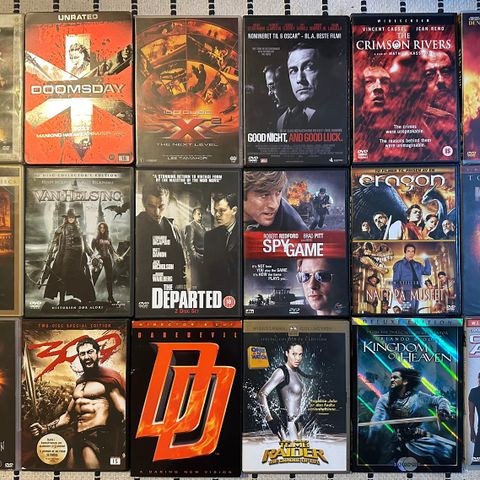 18 Actionfilmer på DVD: Kingdom of heaven, Departed, Crimson Rivers