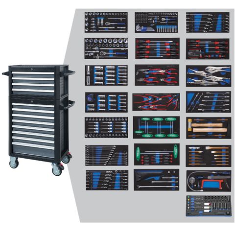 Verktøysvogn KCL med 1 skuffe seksjoner oppå. samt innhold