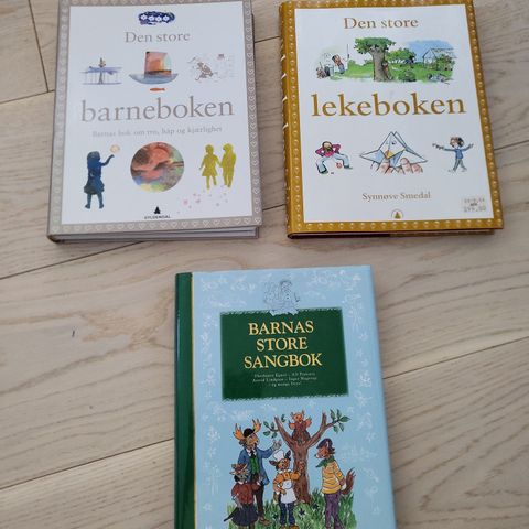 Den store barneboken, lekeboken, sangboken.