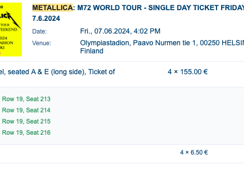 Metallica konsert i Helsinki - M72 WORLD TOUR - 4 x TICKET FRIDAY 7.6.2024