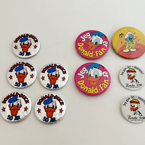 Donald Duck, Smurf og Petter Smart buttons/pins fra 80-tallet