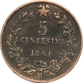 5  Centesimi Italia,  1861. Meget pen og tydelig gammel kobber mynt.