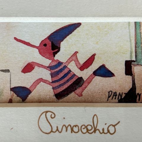 Pinocchio av Massimo Pantani. Akvarell med ramme.