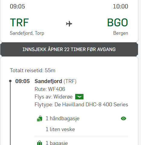 Flybillett Torp Sandefjord - Bergen Lørdag 1.juni