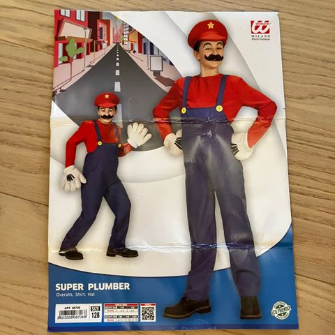 Super Mario drakt - Overdel, bukse og lue (Størrelse 128)