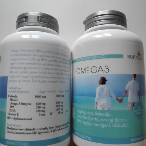 Sunkost Omega 3 kapsler 2 x 180 stk. 1000 mg.