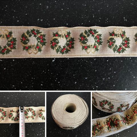 Gammel vevd dekorbånd i tekstil - Julekrans med gulltråd  (14 meter)