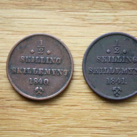 Norge - 2 x 1/2 Skilling 1840/1841 - begge for kr 250