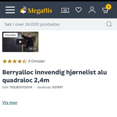 Berryalloc innvendig hjørnelist alu quadraloc 2,4m